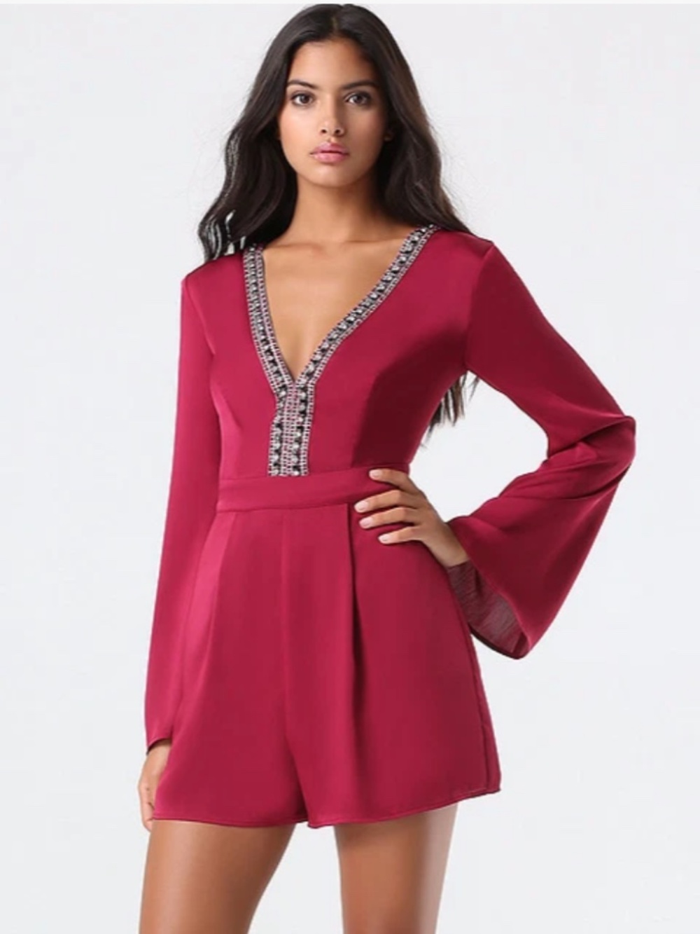 NWT bebe dark red Deep V Neck crystal Embellished top Bell Sleeve Dress romper